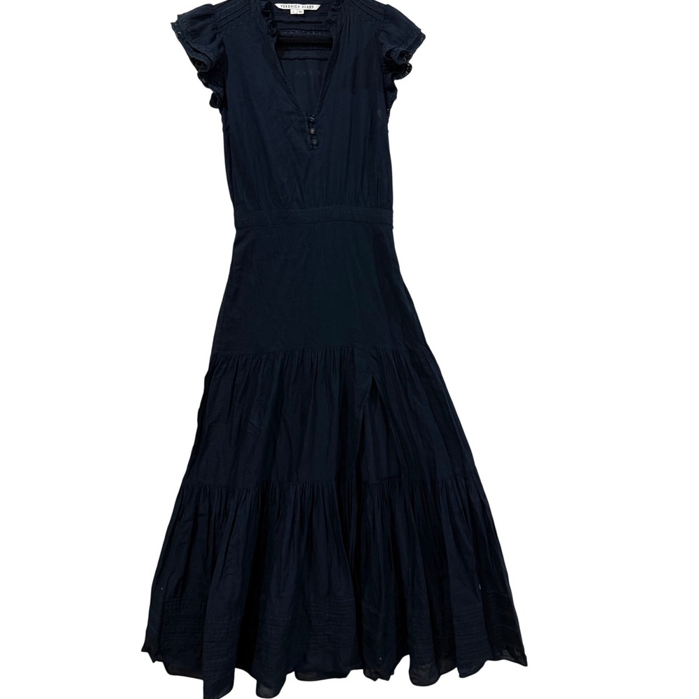Veronica Beard Navy Blue Eyelet Trim Tiered Cotton Maxi Dress Size 6